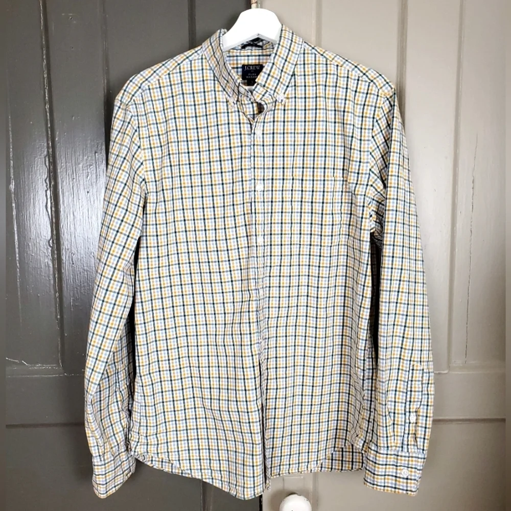 JCrew Flex Washed Green Yellow Plain Button Up Men's Cotton Shirt Size Large
